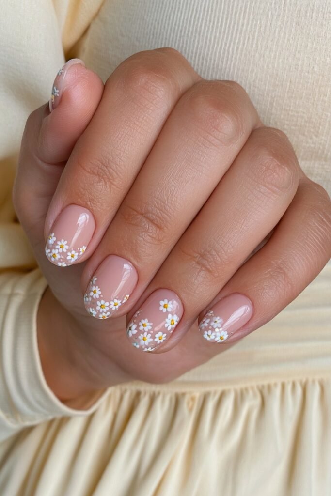 Short nude nails with tiny white daisy accent art.