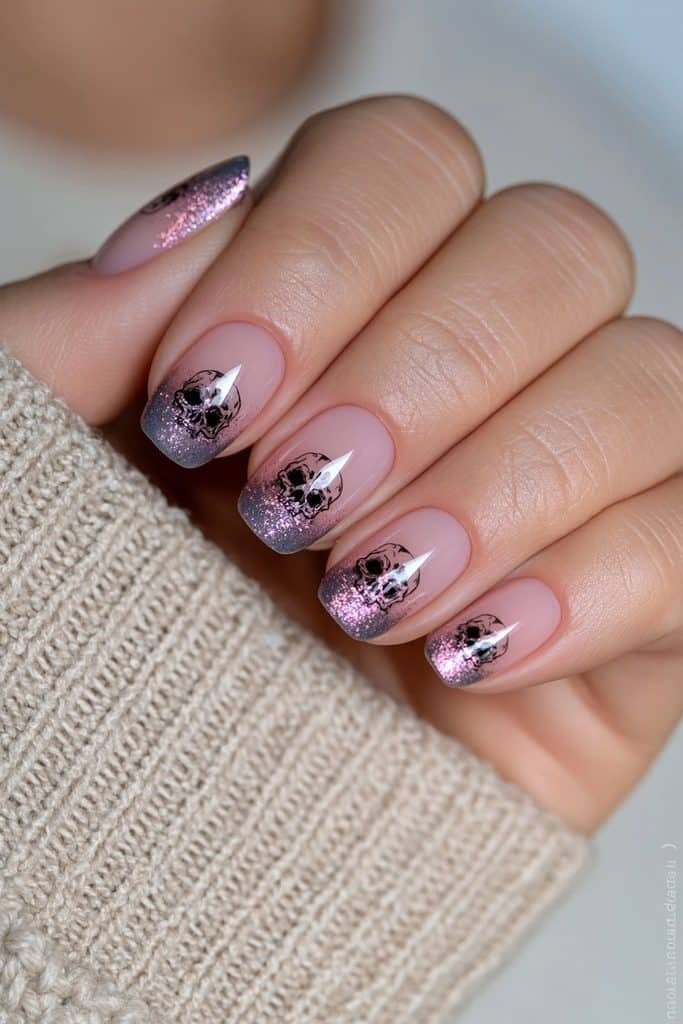 Short nude nails with delicate black skull illustrations.