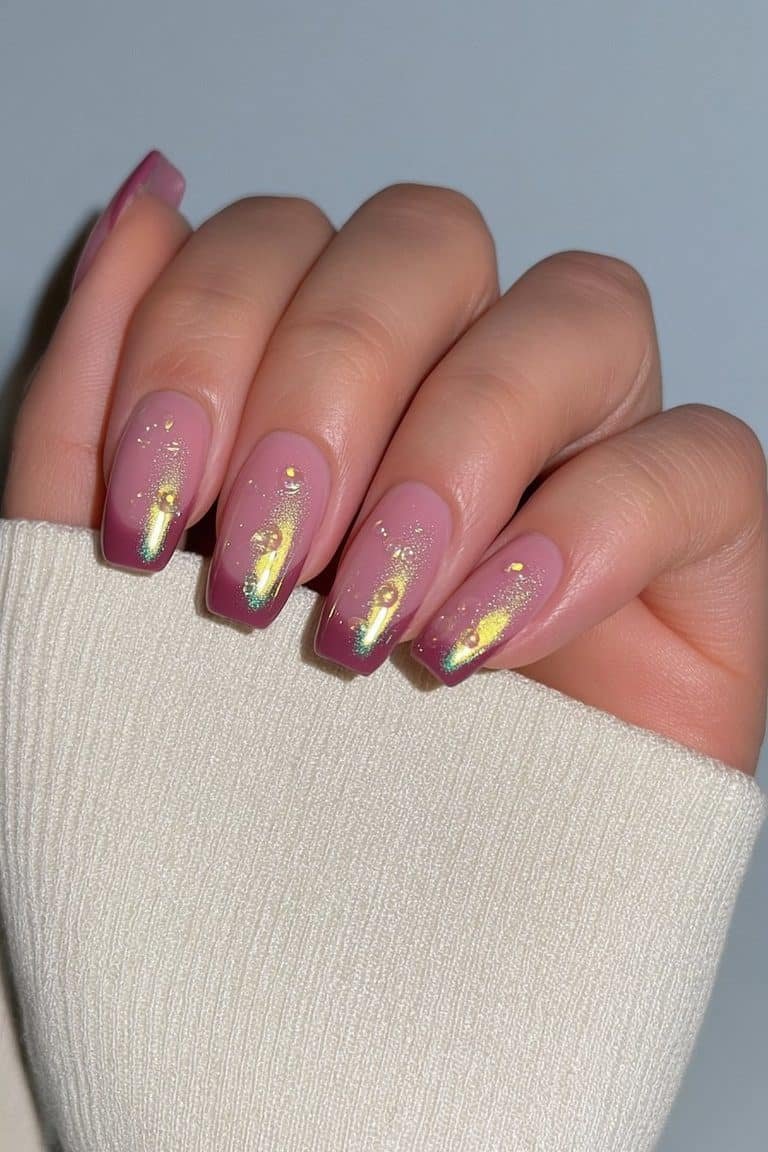 Short squoval milky nude nails grounded in forest green, glowing in a grape aura, and sparkling like a true showgirl 