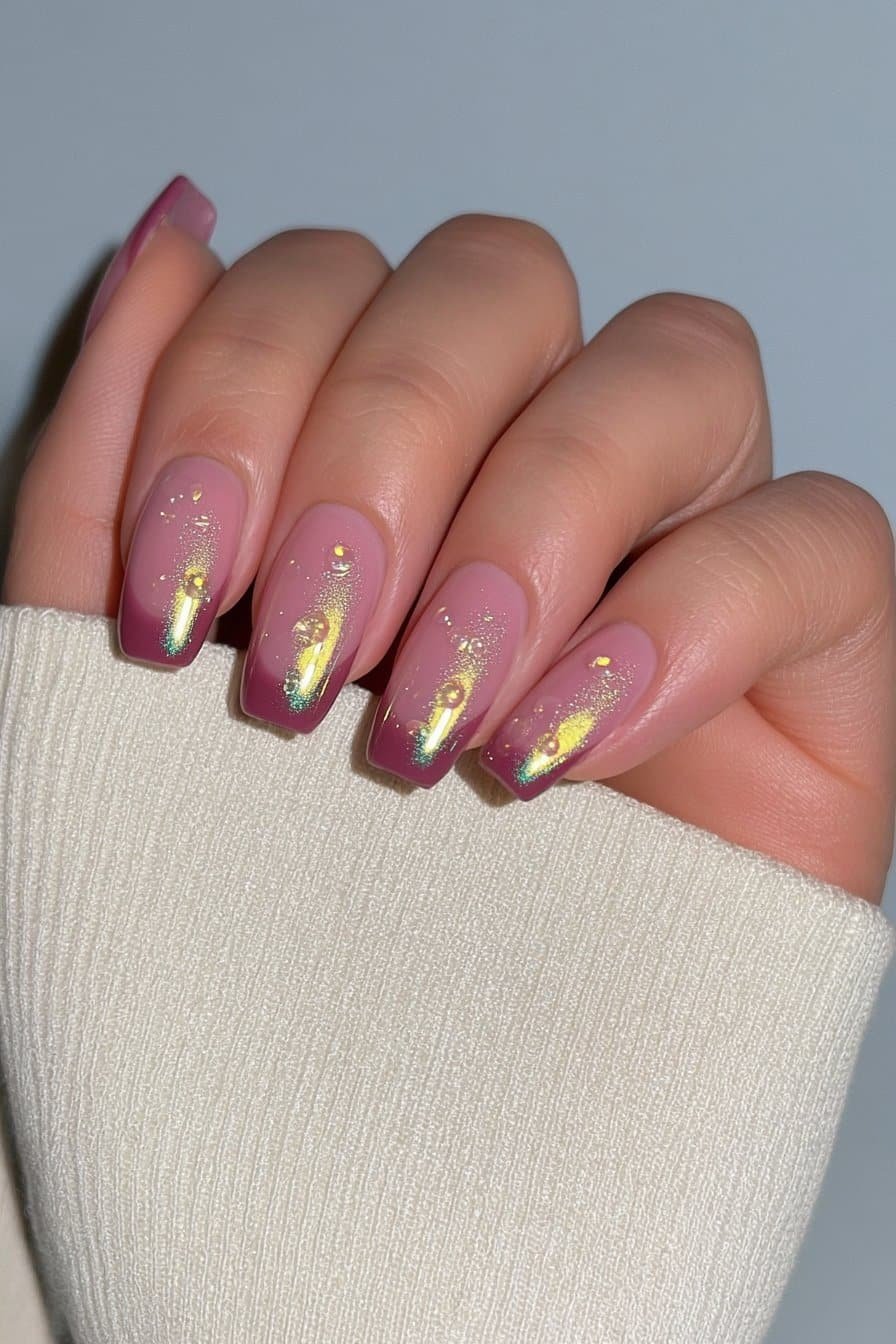 Short squoval milky nude nails grounded in forest green, glowing in a grape aura, and sparkling like a true showgirl 