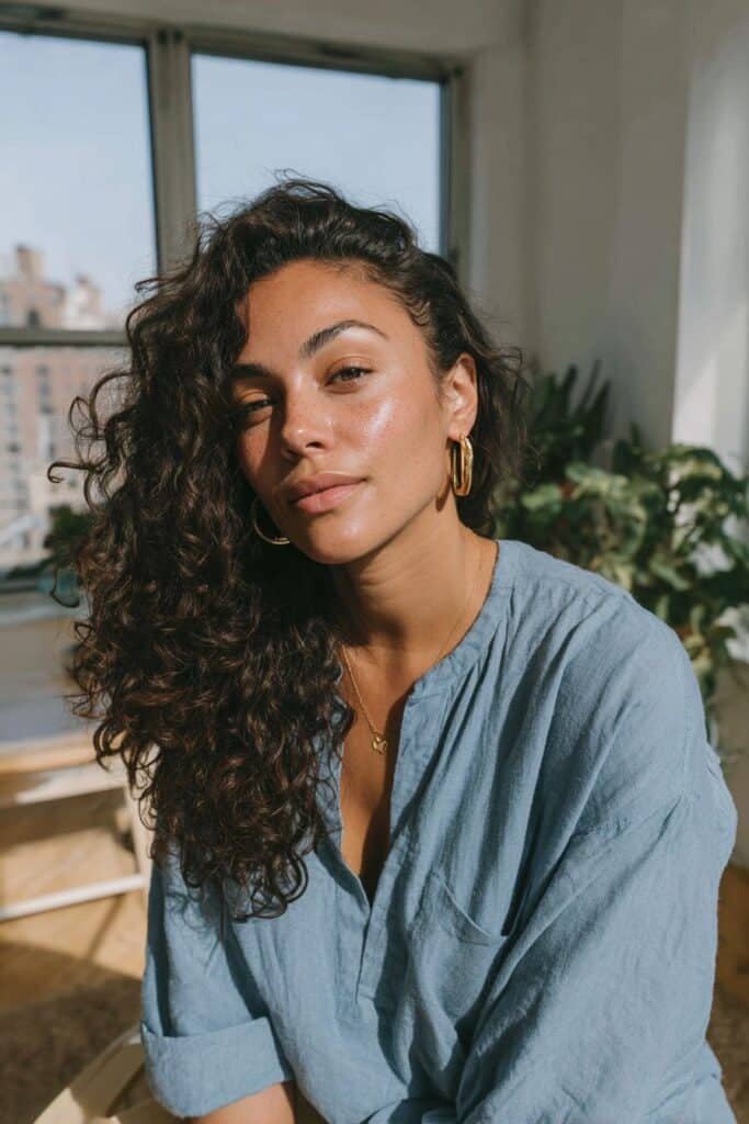 Young woman with voluminous defined ringlets and natural curly texture