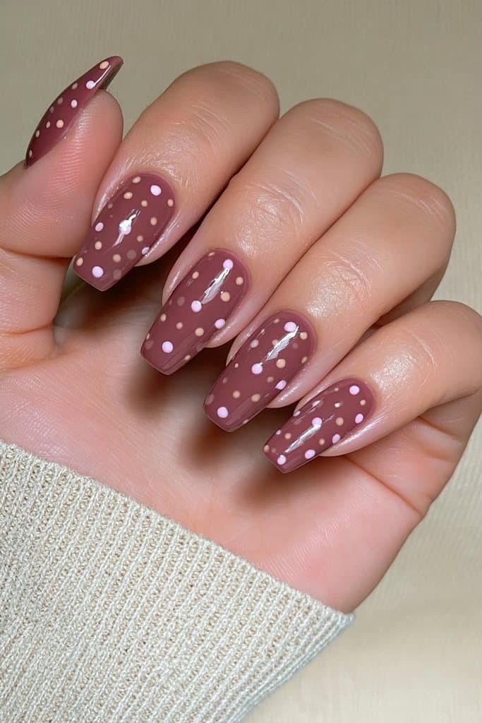 Short squoval chocolate brown nails with tiny caramel dot accents