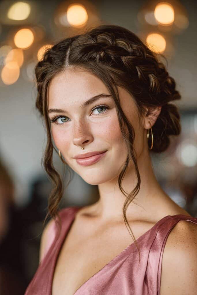 Double braided bun hairstyle with intricate woven braids and a textured low bun for formal homecoming events.