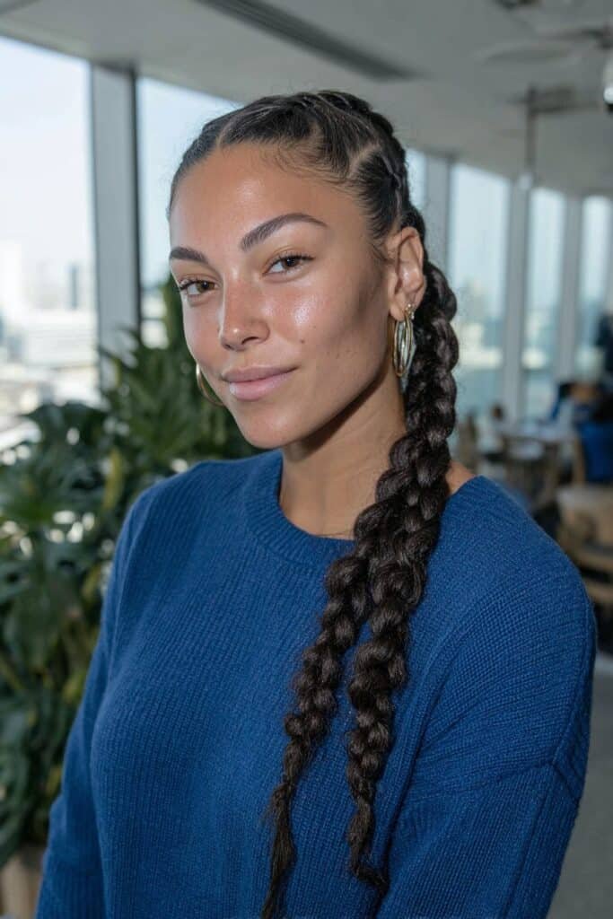 Double braids into one ponytail for long hair