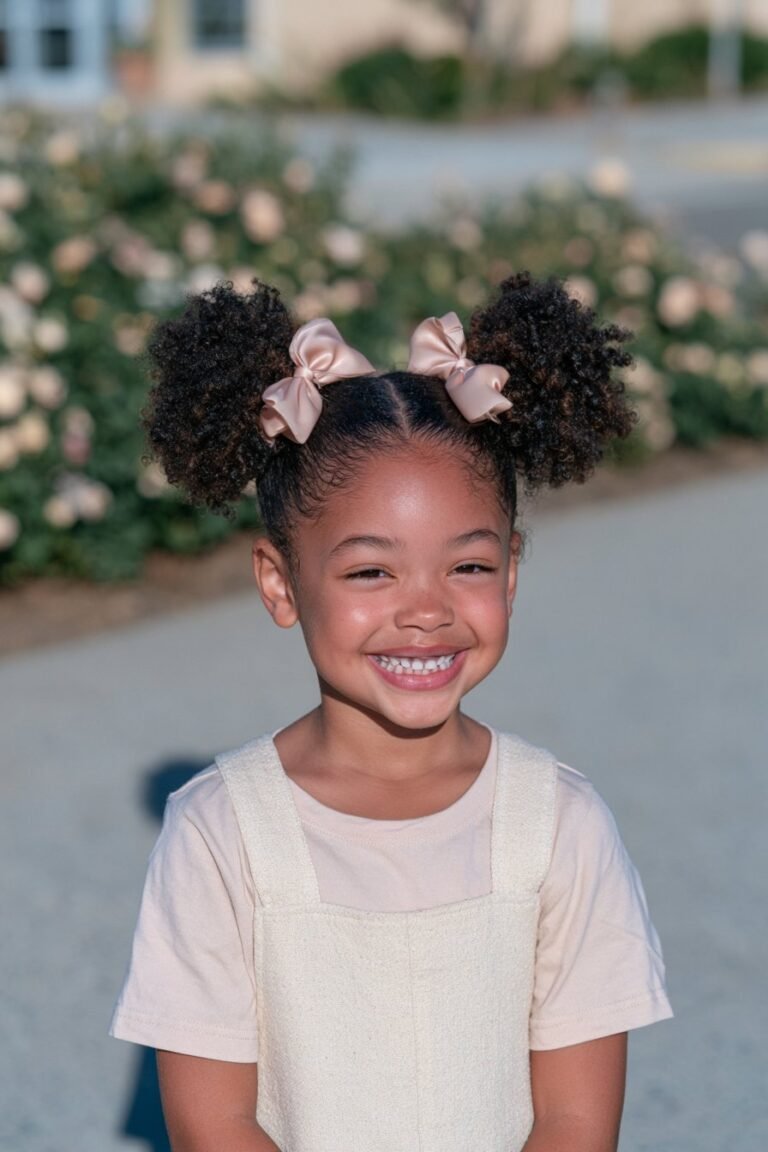 Picture Day Hairstyles for Little Black Girls with double puffs and pink satin bows