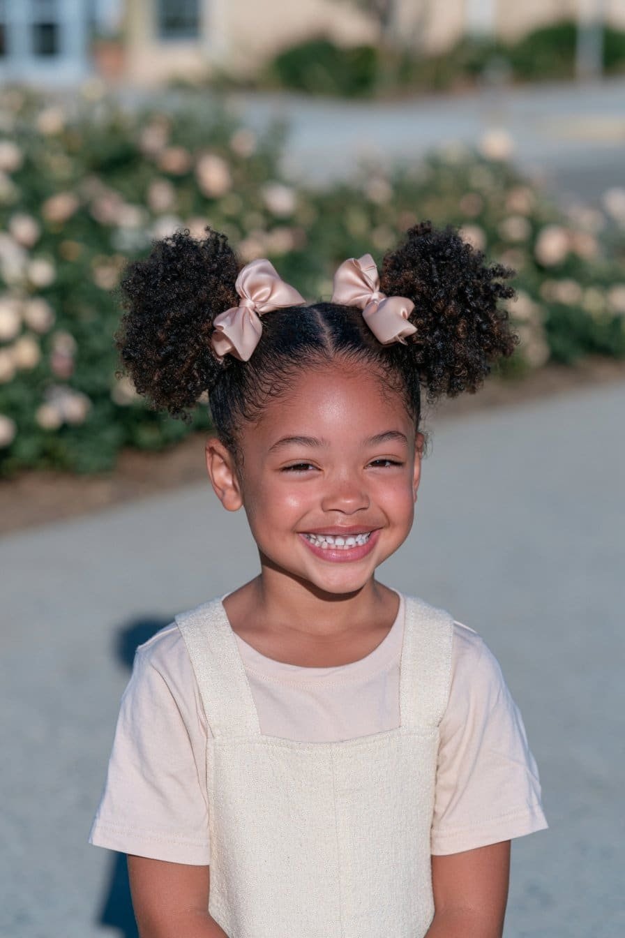 Picture Day Hairstyles for Little Black Girls with double puffs and pink satin bows
