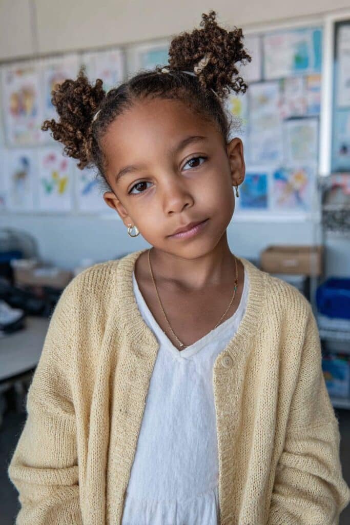 Little Black girl with two stacked natural buns and ribbon accents