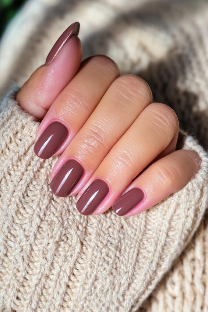 Short espresso brown nails with a glossy finish.