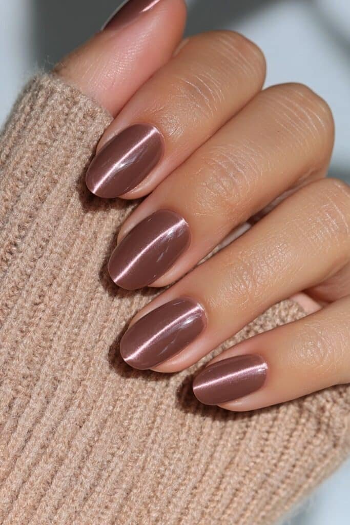 Deep espresso cat-eye nails with a luminous magnetic streak.