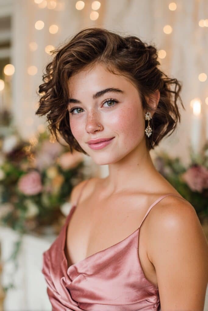 Short layered bob with soft face-framing curls and twisted front sections pinned back for a romantic homecoming hairstyle.