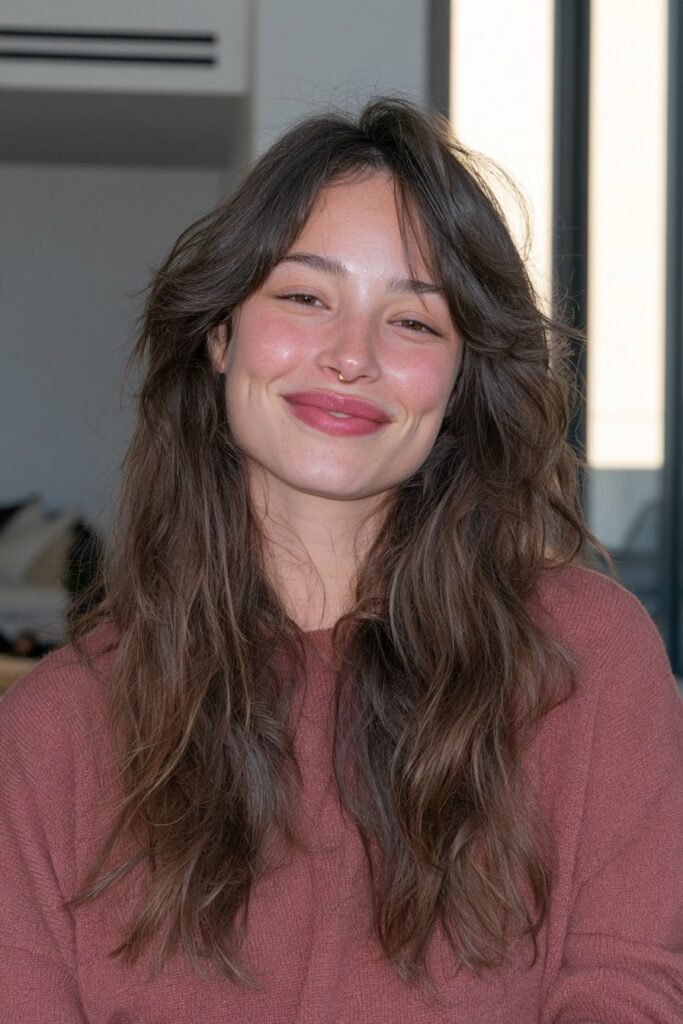 Long wolf haircut with elongated face-framing layers, textured crown, and tapered ends for a round face.