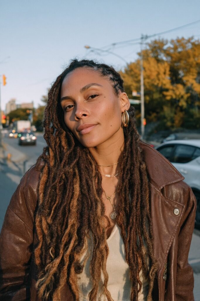 Black woman with long faux locs transitioning from dark brown to copper ombre ends.