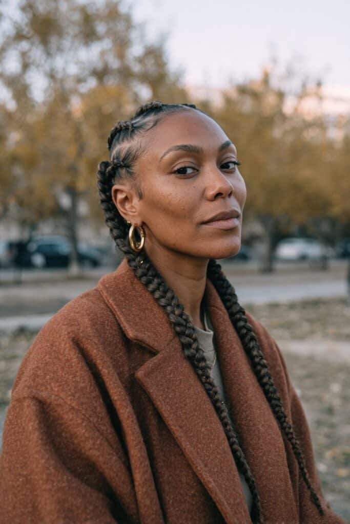 Black woman with long feed-in braids and soft face-framing twists.