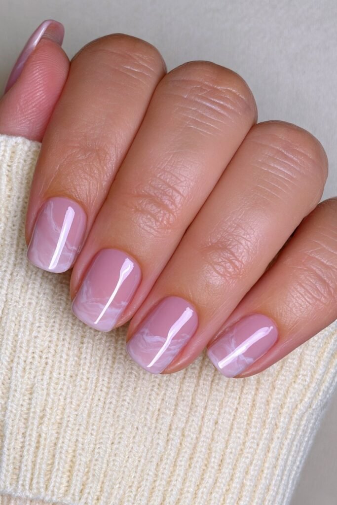 Short ivory marble nails with delicate gray veining.