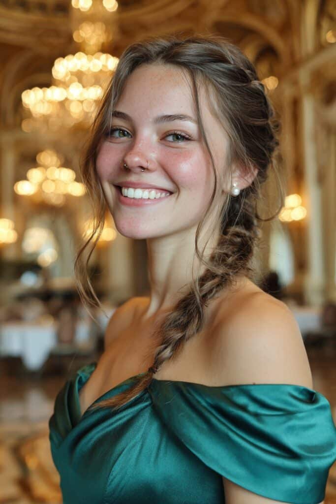 Elegant fishtail braid flowing into a low chignon with soft face-framing strands for a formal homecoming hairstyle.