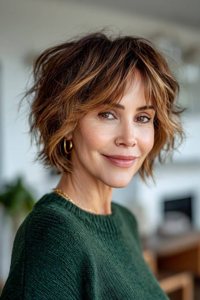 Layered bob with playful flicked-out ends, feathered texture, and honey brunette highlights for a youthful modern look.