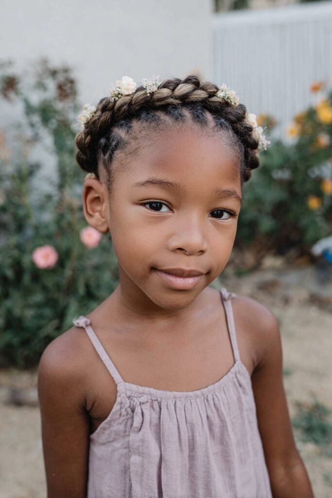 Little Black girl with a braided crown decorated with pastel flowers