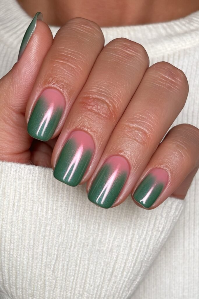 Short forest green nails with a deep jewel-tone shine.