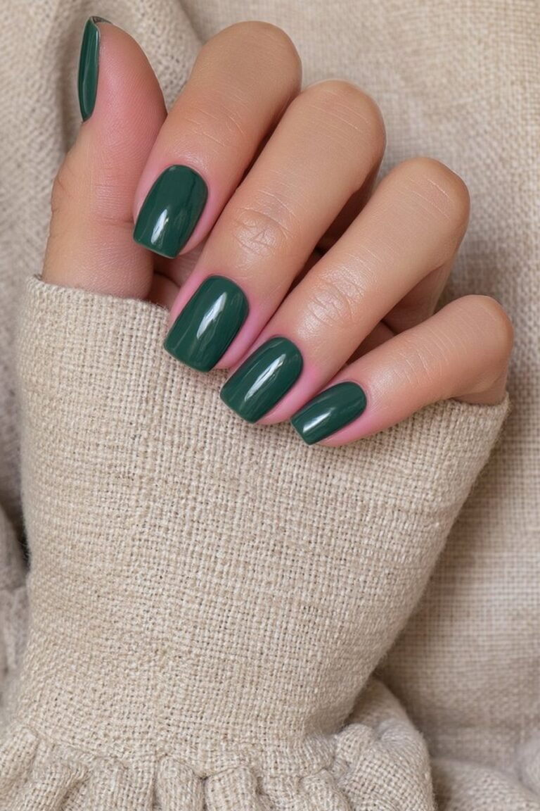 Short forest green nails with a glossy jewel-tone finish.