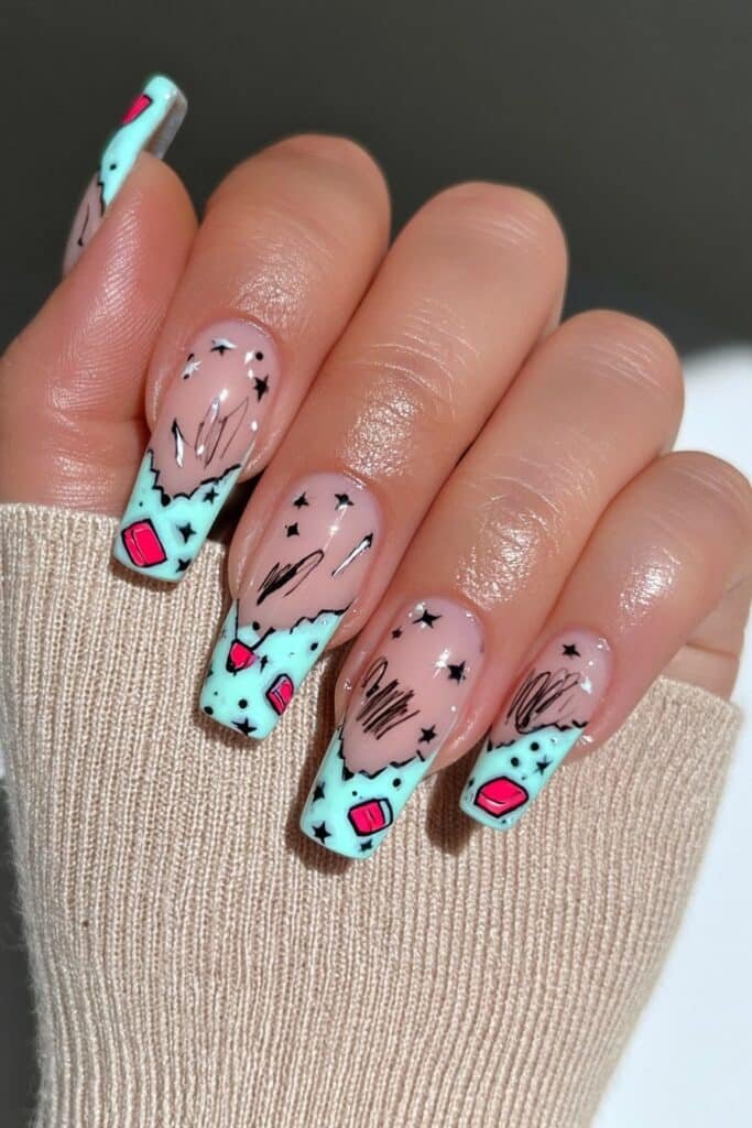 Nude nails with playful pencil, notebook, star, and eraser doodles.