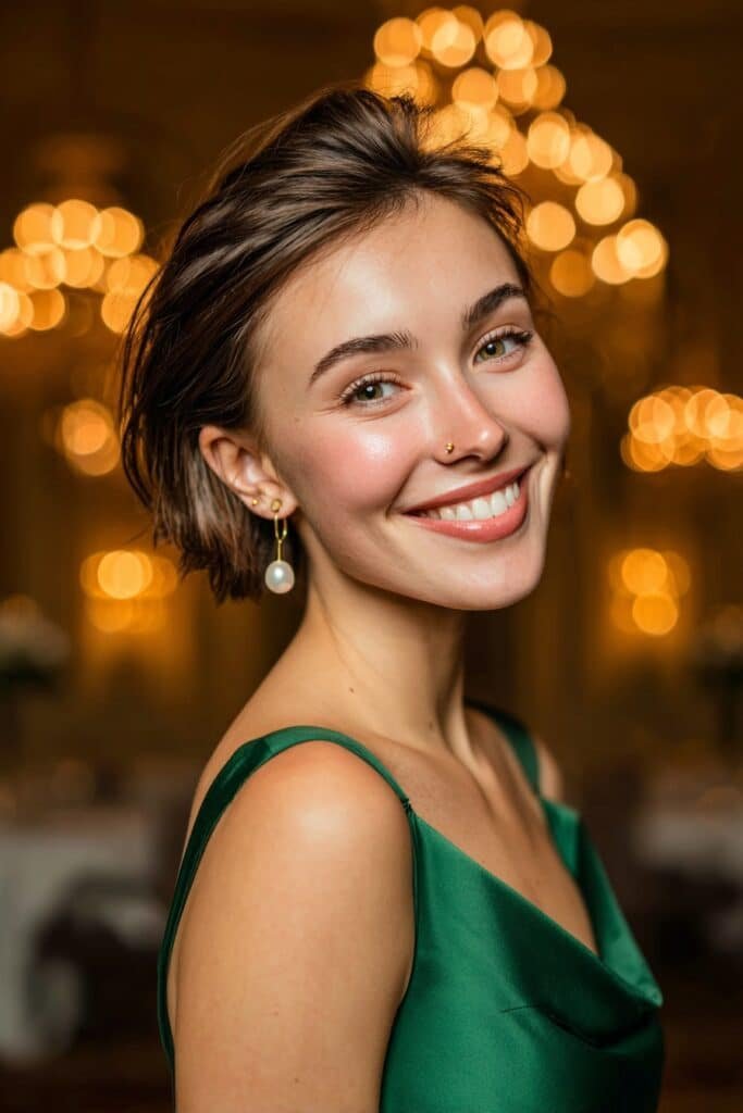 Short French bob styled into a compact French twist with neatly pinned layers and elegant face-framing wisps for homecoming.