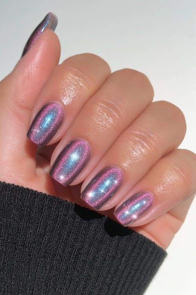 Short squoval nails in navy and purple velvet with galaxy shimmer and stars.