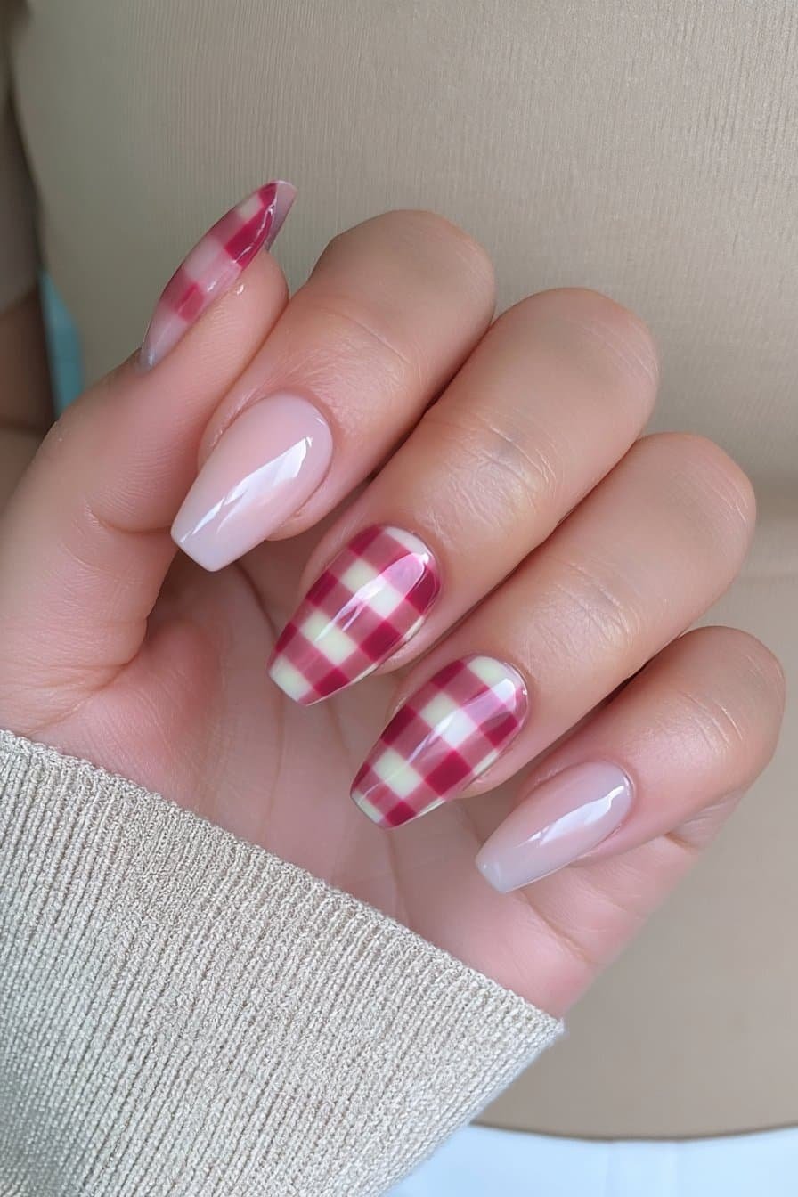 Short squoval Thanksgiving nails with creamy nude bases and cranberry gingham accents.