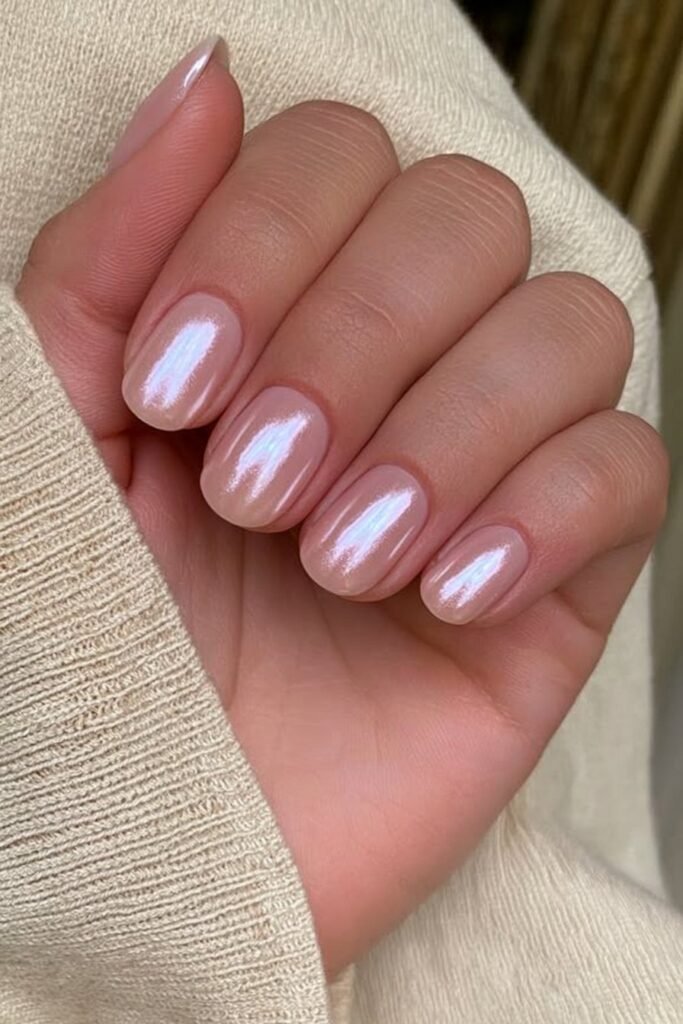 Short glazed donut chrome nails with a pearly finish.