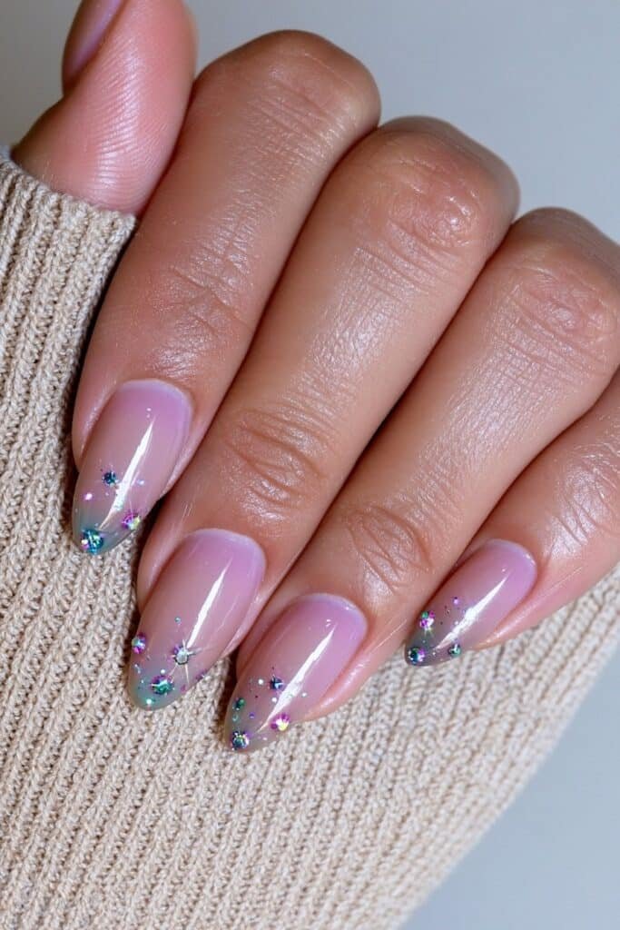 Short neutral nails with sparkling gem accents.