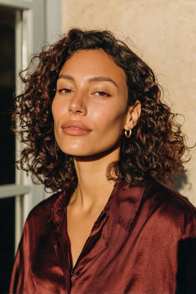 Picture Day Hairstyles for Curly Hair for Women in 20s with glossy center-parted curls