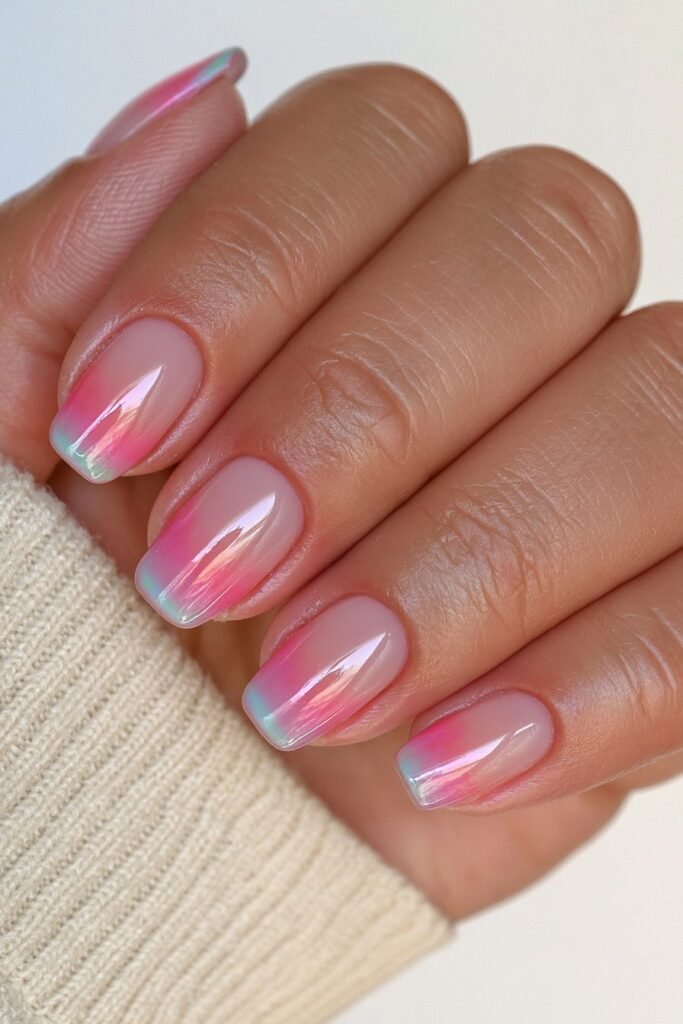 Short nails with a green and orange autumn gradient.