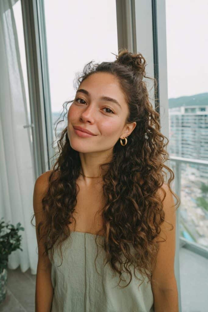 Woman in her 20s with a half-up curly hairs and loose natural curls