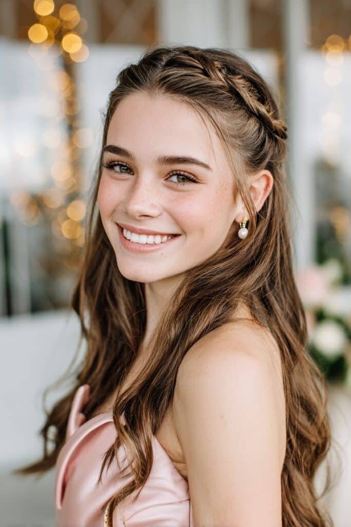 Half-up half-down braided crown hairstyle with soft waves and romantic braids, perfect for long hair homecoming looks.