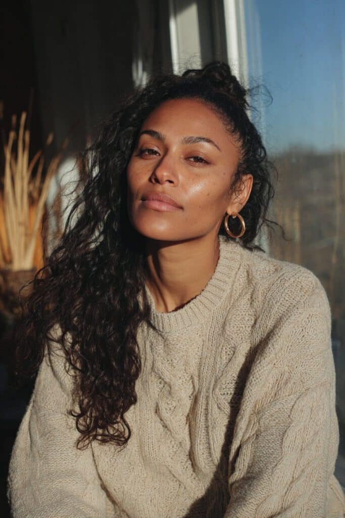 Black woman wearing a voluminous half-up half-down style with curlysoft waves