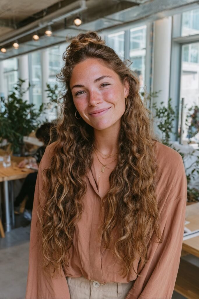 Half-up top knot hairstyle for long hair