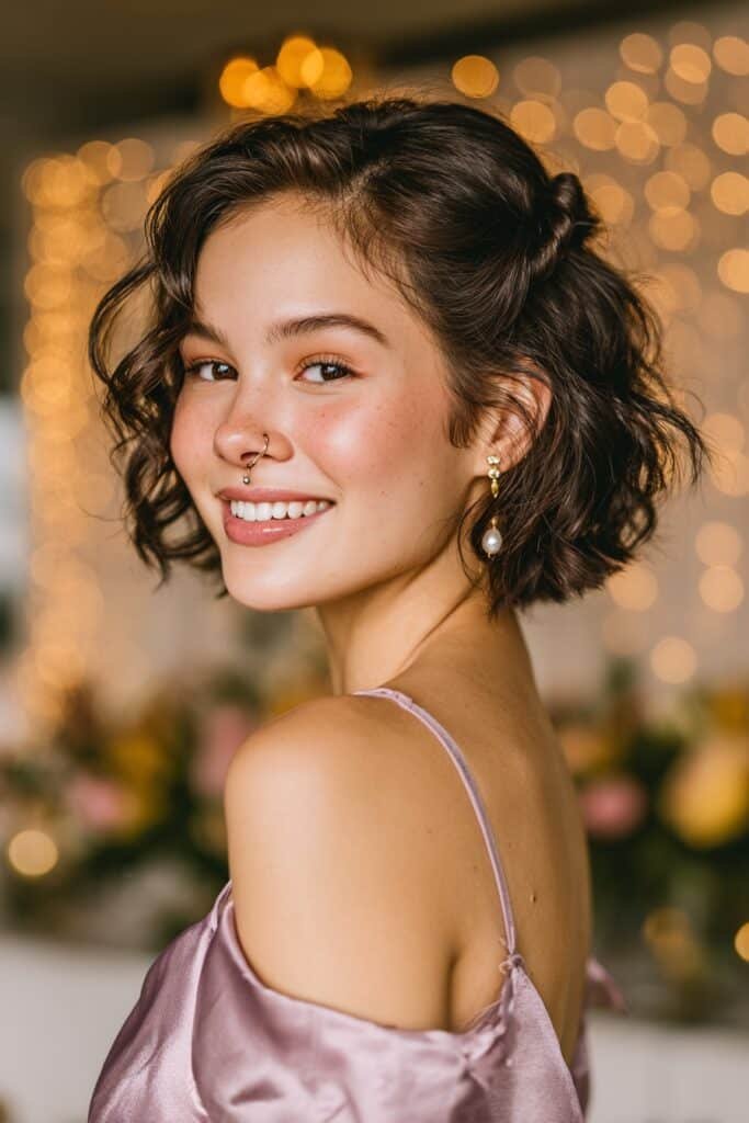 Short chin-length wavy bob styled in a half-up twisted hairstyle with soft waves and romantic texture for homecoming.