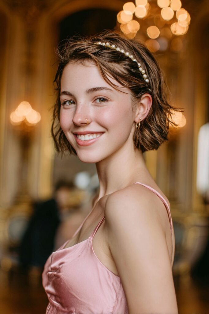 Short layered bob styled into a headband updo with twisted crown sections and a pearl headband for an elegant homecoming look.