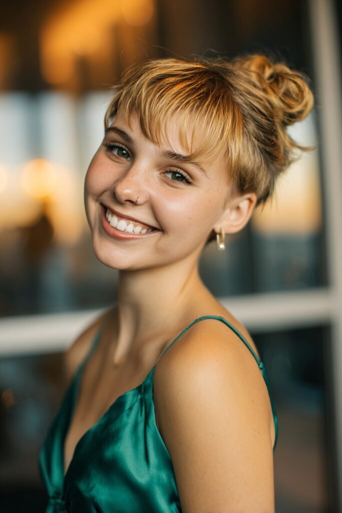 Short layered pixie bob styled into a compact high bun with wispy face-framing pieces for an elegant homecoming hairstyle.
