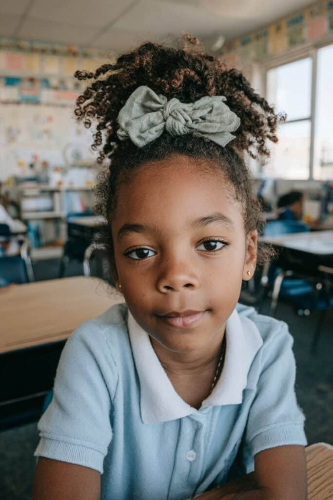 Black girl with a neat high bun and soft satin bow