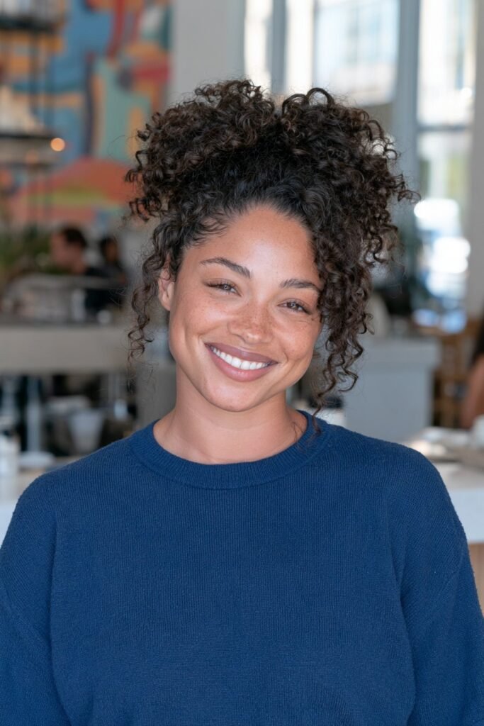 Woman in her 20s with a high curly ponytail and defined curls
