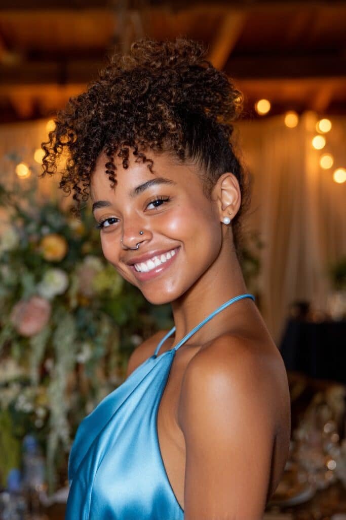 Short naturally curly bob styled into a high curly puff with defined curls and soft face-framing tendrils for homecoming.