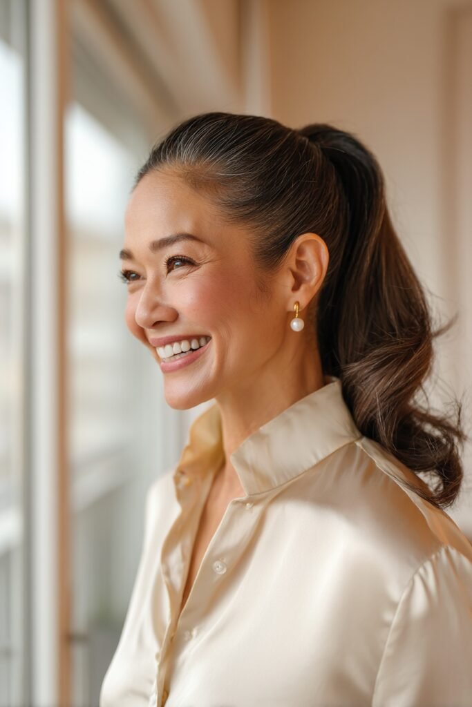 Sleek high ponytail with soft face-framing strands, mocha brunette hair, and polished styling for women over 50.