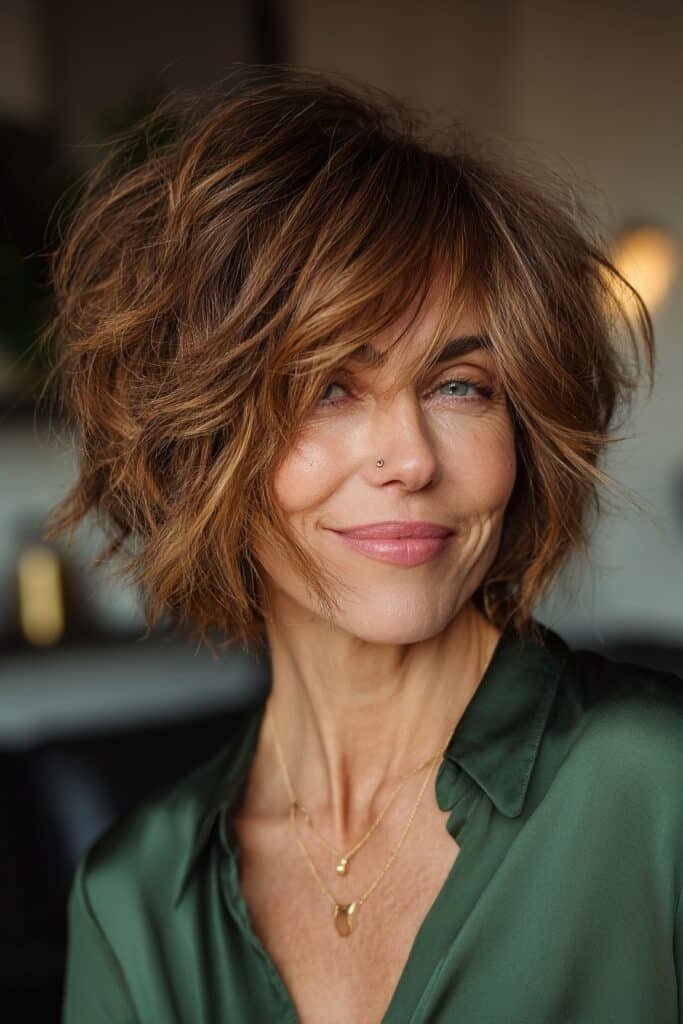 Modern shag haircut with crown volume, feathered layers, and chestnut brunette balayage for women over 50.