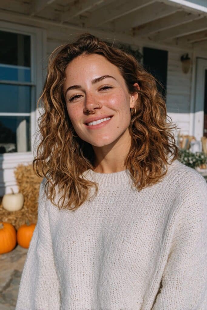 Brunette hair with soft honey blonde highlights and voluminous loose curls.