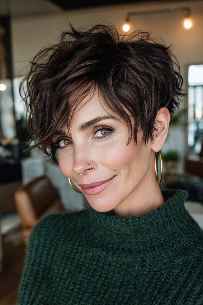 Jaw-grazing choppy pixie haircut with textured layers, voluminous crown, and espresso brunette hair for a bold modern style.