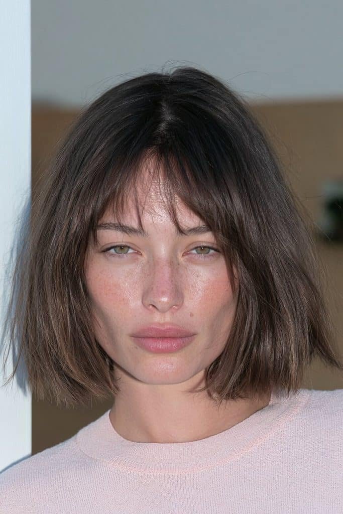 Young woman with a sleek jellyfish bob and soft face-framing bangs in silky black-brown hair.
