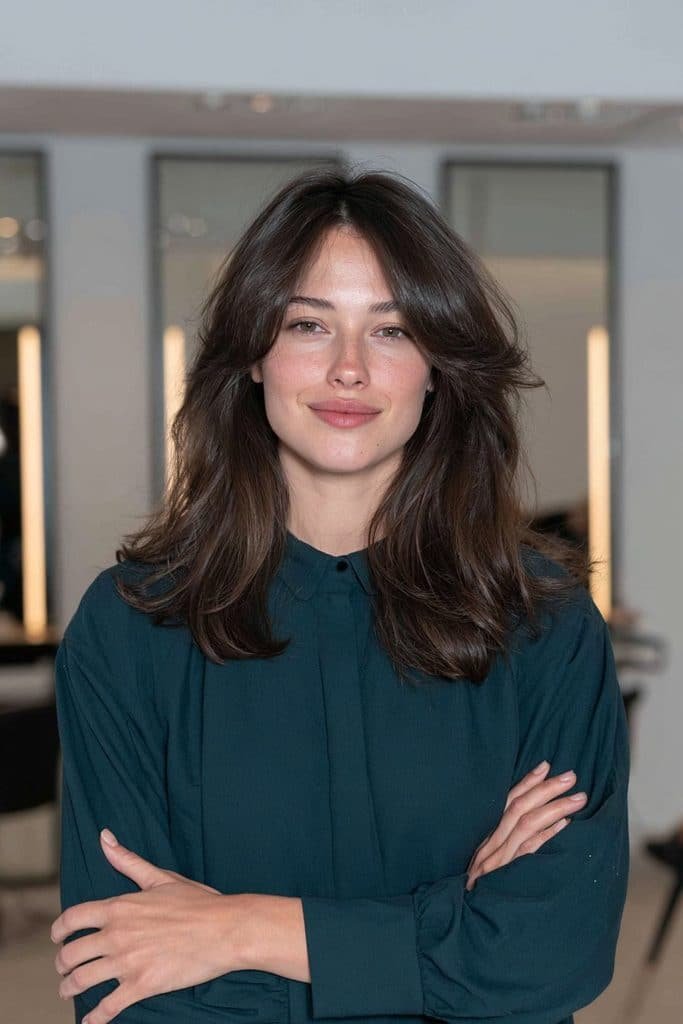 Young woman with a structured jellyfish haircut featuring voluminous layers for thick hair.