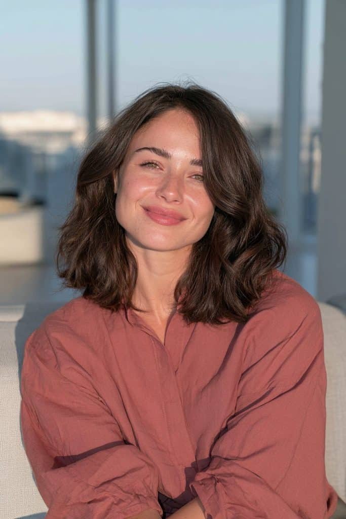 Young woman with a shoulder-grazing chocolate-brown jellyfish lob styled in soft waves.