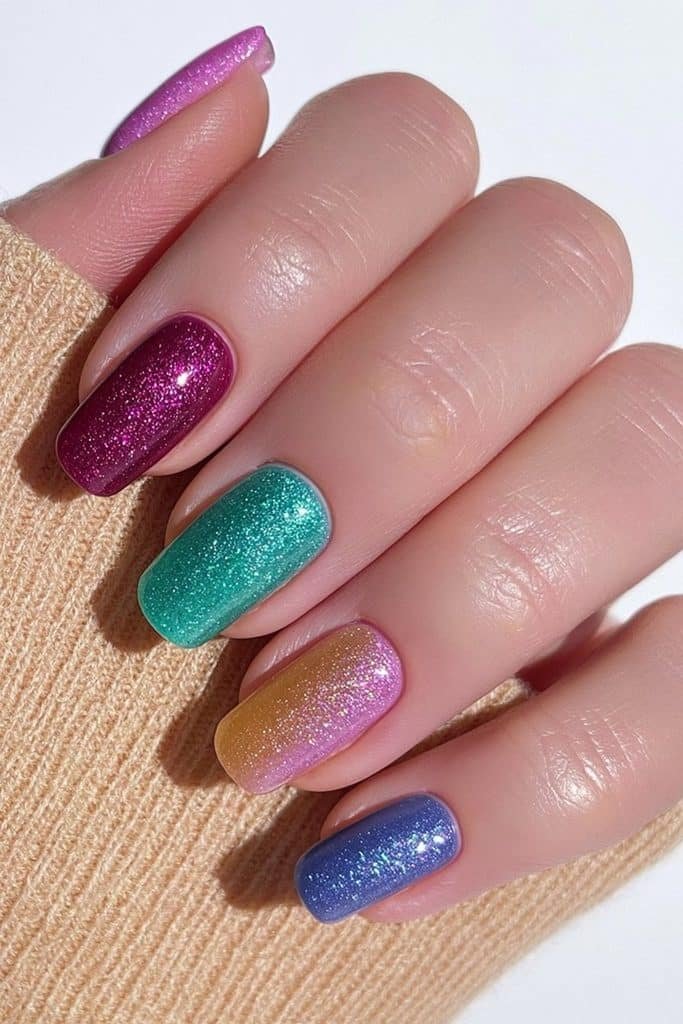 Short round Thanksgiving nails in rich burgundy, emerald, amber, navy, and plum shades.
