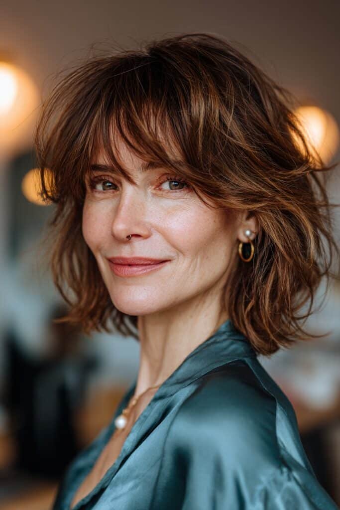 Layered bob haircut with soft bangs, feathered ends, and chestnut brunette highlights for a flattering over-50 hairstyle.